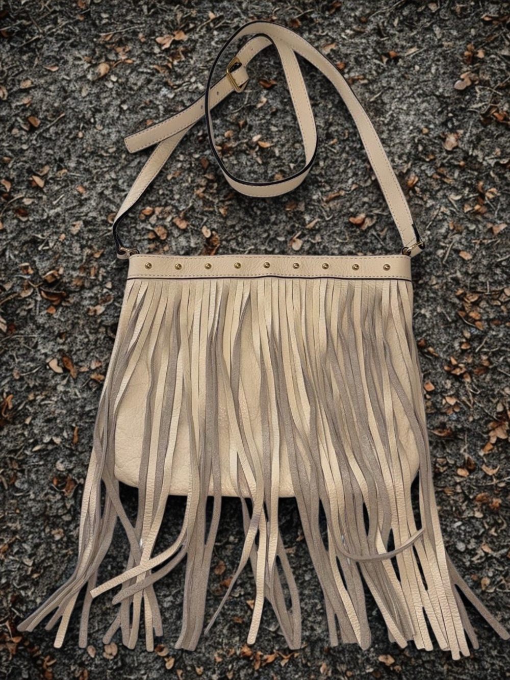 Juicy Couture Leather Fringe Crossbody Bag in Beige